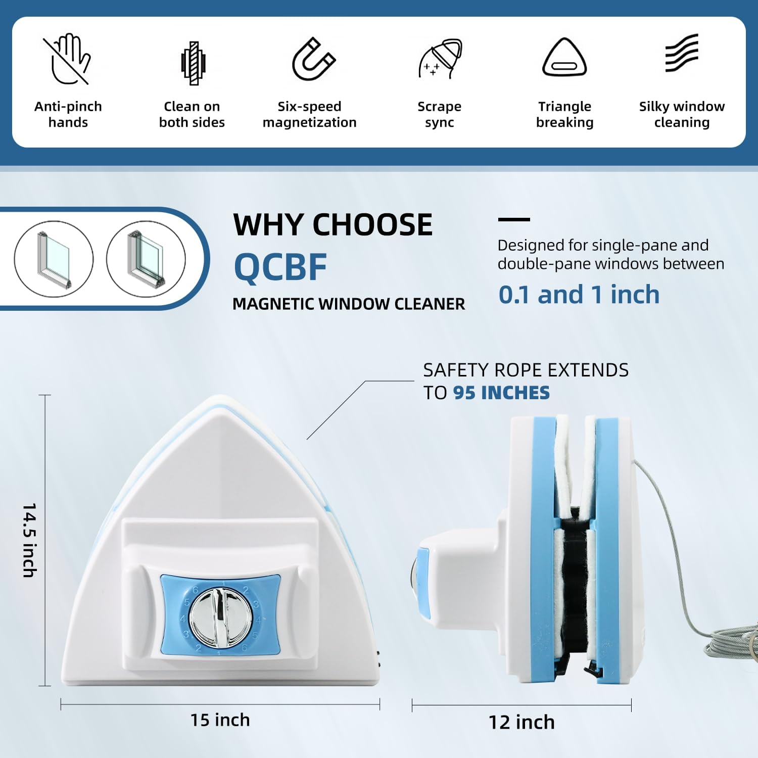 Double-Sided Magnetic Window Cleaner, Adjustable Magnetic Double Window Wiper, Equipment Cleaning Brush Tool, Suitable for 3-30mm Thickness of High-Rise and Automotive Glass Windows (1, Blue)