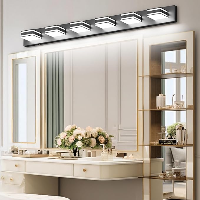 Ralbay 48inch Black Bathroom Vanity Light with 5 Color Temperatures (3000K-6000K) Dimmable Metal Acrylic Modern LED Matte Black Bathroom Lighting Over Mirror (6-Light)