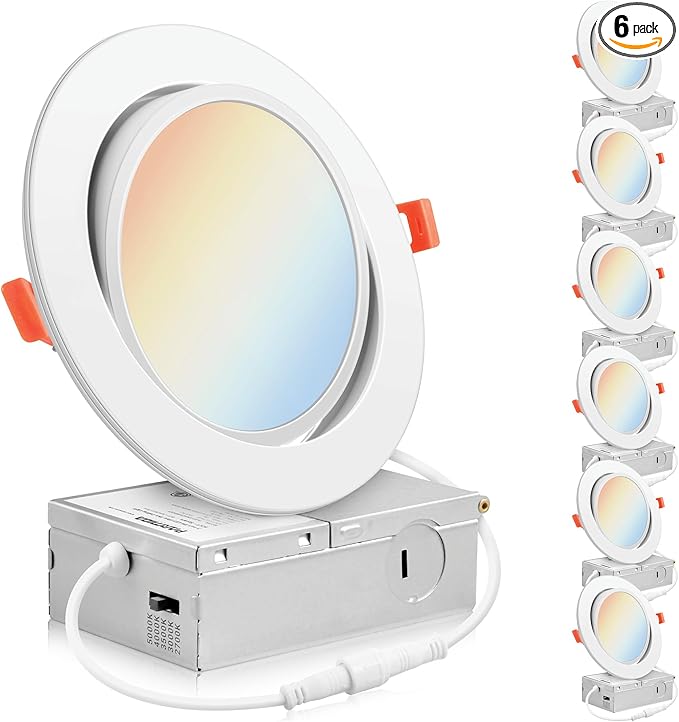 PARMIDA (6 Pack) 6 Inch 5CCT Ultra-Thin LED Adjustable Gimbal Recessed Lighting with J-Box, 2700K/3000K/3500K/4000K/5000K 5 Color Selectable, 12W, Eyeball Canless Slim Panel Lights, Dimmable, IC, ETL
