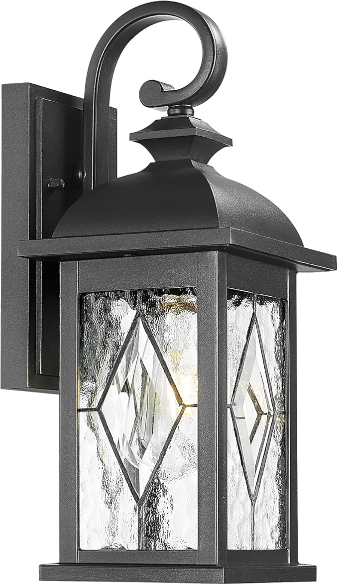 Outdoor Wall Lights Black Exterior Lighting Fixtures with Clear Water Ripper Glass 15 Inch Height Exterior Wall Sconce Light fixtures for House Porch and Garage E26 Socket