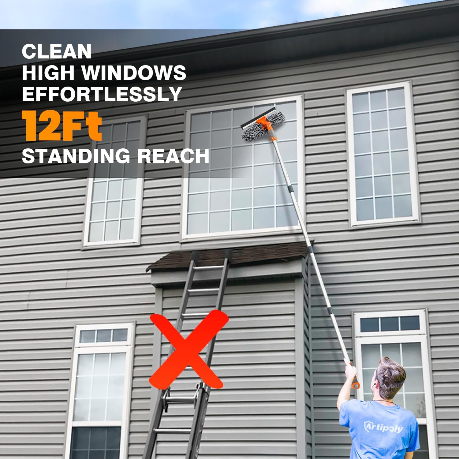 Professional Window Squeegee Cleaner, 2 in 1 Shower Squeegee with Extension Pole, 65”Telescopic Window Washing Equipment with 180°Adjustable Head, Glass Cleaning Tools for Outdoor High Window
