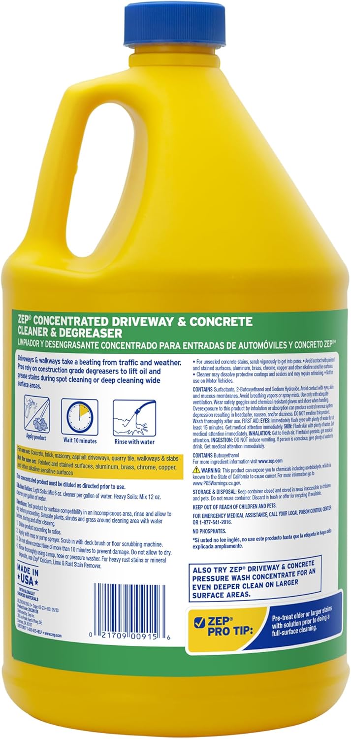 Zep Driveway, Masonry and Concrete Cleaner and Degreaser Concentrate - 1 Gallon (Case of 4) ZUCON128 - Construction Grade Degreaser Removes Grease, Dirt, and Oil Stains on Concrete, Brick, Asphalt,