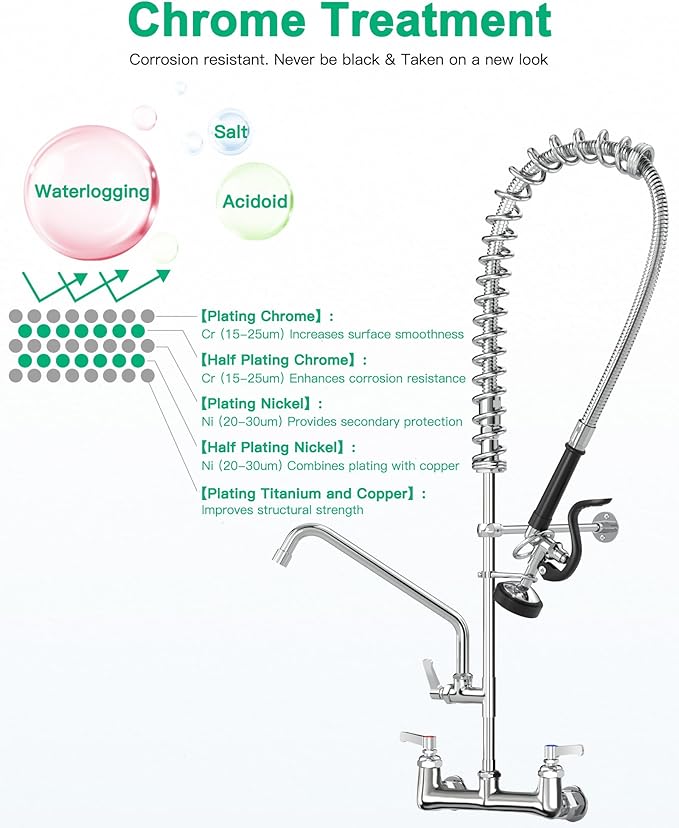 Commercial Faucet with Sprayer for Kitchen Staff: 36 Inches Commercial Faucet Pre Rinse Sprayer 8 inch Center Wall Mount Kitchen with 12 inch Add on Spout