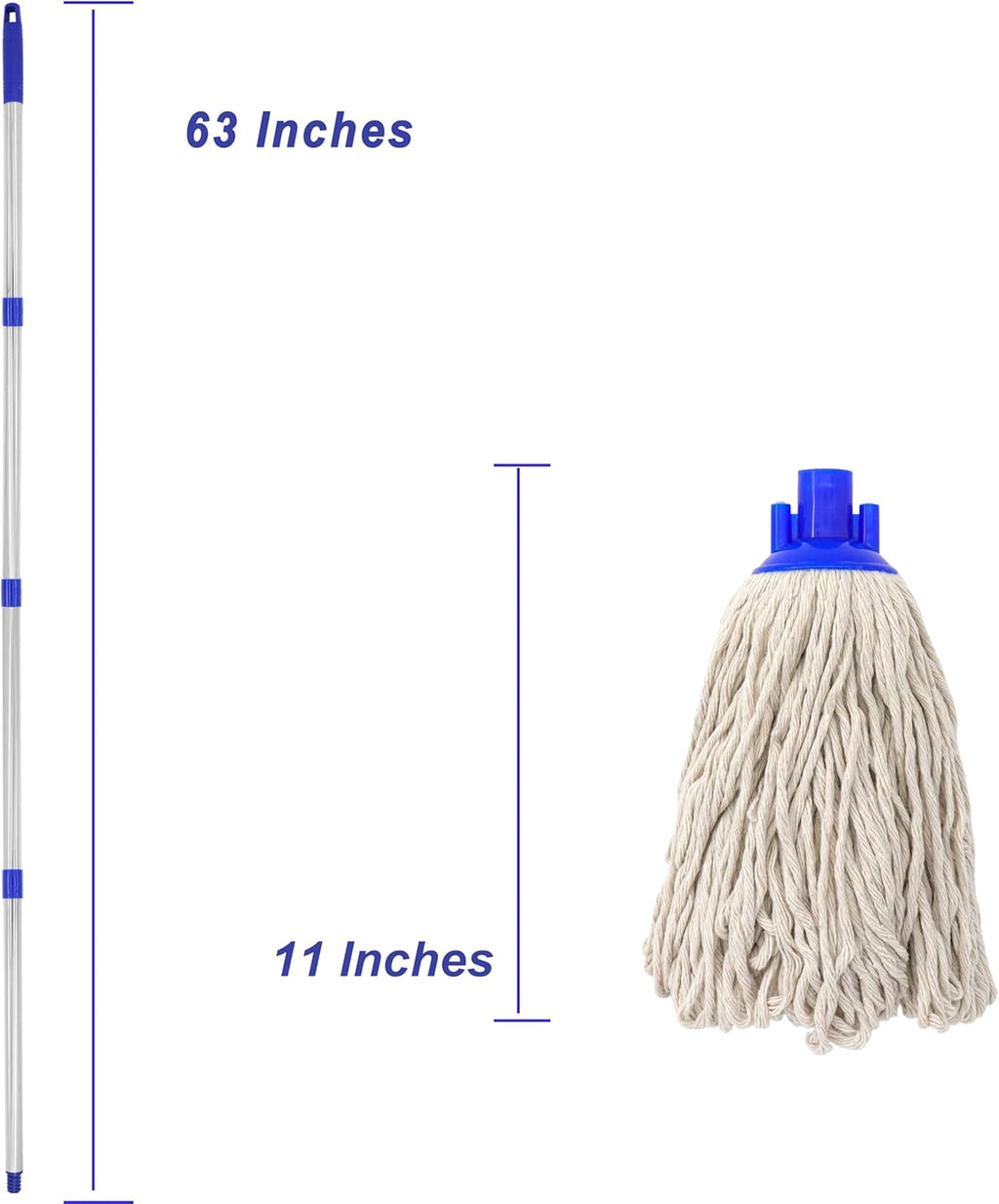 Cotton Cloth Mop, 4 Section Stainless Steel Pole + Two Cotton String Mop Heads White