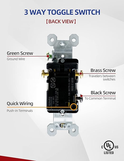 AIDA 15 Amp 3 Way Quiet Indoor Toggle Switch Self-Grounding ON Off Toggle, Residential Grade, UL Listed, Quickwire Push-in & Side Wired (White, 10 Pack)