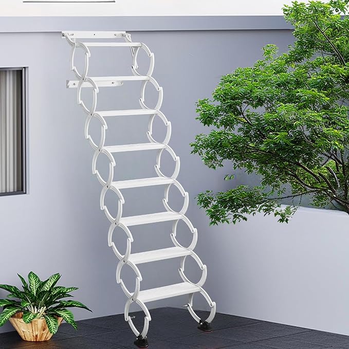 8 Steps Wall Mounted Attic Ladder, Indoor Attic Stairs Pull Down System, Metal Telescoping Step Ladders, Anti-Slip Retractable Folding Stair, Loft Extension Steps Staircase (White, 8 Steps)