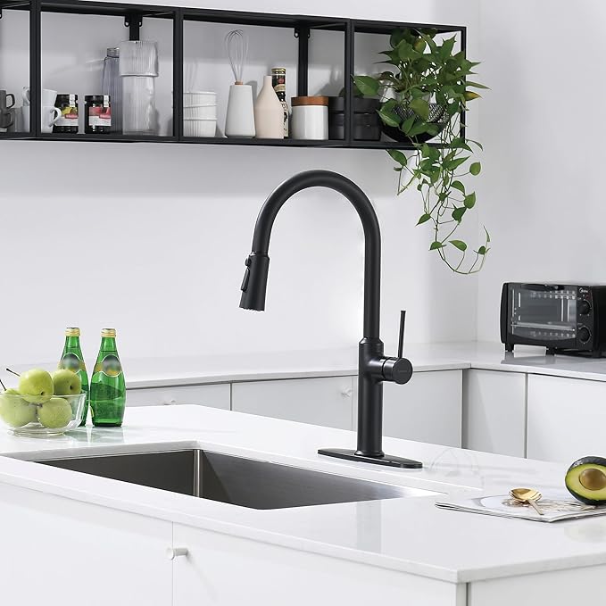 Matte Black Kitchen Faucets High Arc Single Handle Tall Kitchen Faucet with Pull Down Sprayer, Solid Brass 19 inch