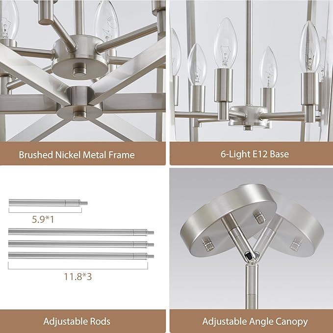 Brushed Nickel Chandelier, 6-Light Geometric Dining Room Light Fixture Over Table Metal Modern Chandelier Lighting for Kitchen Island Entryway, 20 Inch Pendant Lighting Hanging Ceiling Lamp