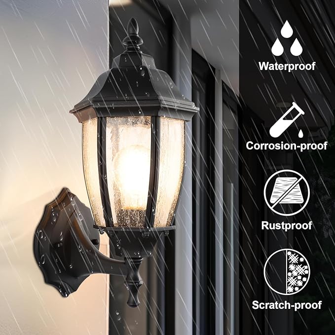 Outdoor Wall Lantern, 14 Inch Porch Light Fixtures with Seed Glass Shades, Waterproof Exterior Wall Lights, Mounted Outside Lighting for House Farmhouse Patio Doorway Garage (E26 Base Max 40W)