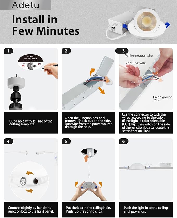 Adetu 2 Inch 5CCT Gimbal Led Recessed Lighting with Junction Box, 360°+90° Adjustable Recessed Can Lights, 2700K/3000K/3500K/4000K/5000K Selectable, 5W Eqv 50W, 550LM Brightness - ETL (White,12 Pack)