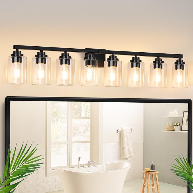 8-Light Bathroom Light Fixtures, 51" Modern Vanity Lights Over Mirror with Clear Glass Shades, Matte Black Light Fixture, Classic Wall Light Fixture for Mirror Living Room Cabinet Bedroom Porch