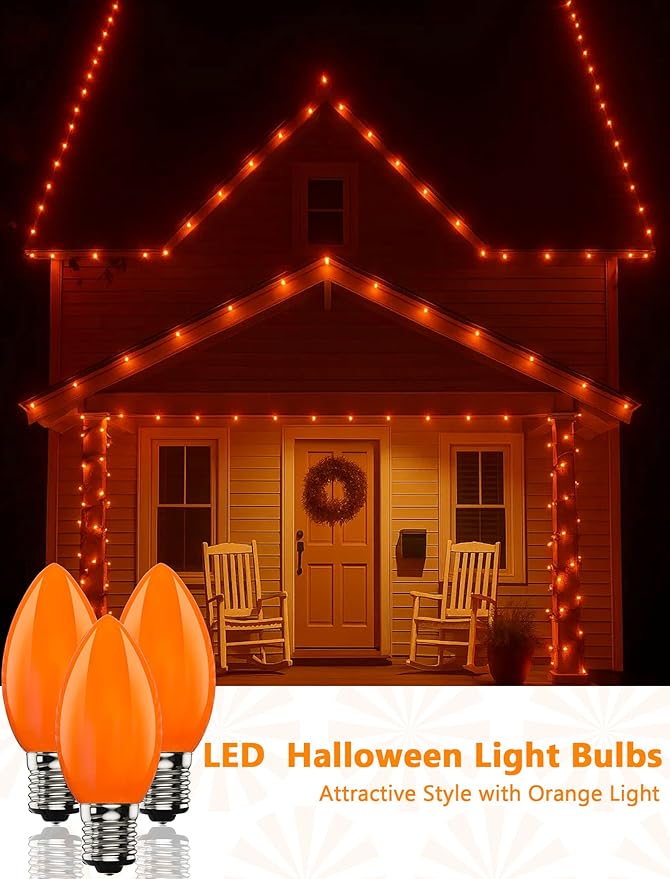 25 Pack Halloween LED Light Bulb,C9 Plastic Orange LED Bulbs for Halloween Decoration Light,C9/E17 Candelabra Base 0.6 Watt Great for Outdoor Indoor Night Lights Holiday Halloween Christmas Decor