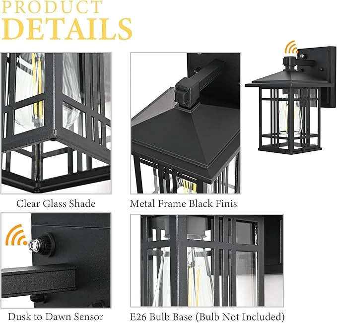 Porch Light Outdoor Wall Mount Fixture - Dawn to Dusk Exterior Lighting, Anti-Rust Aluminum for House, Outside Patio