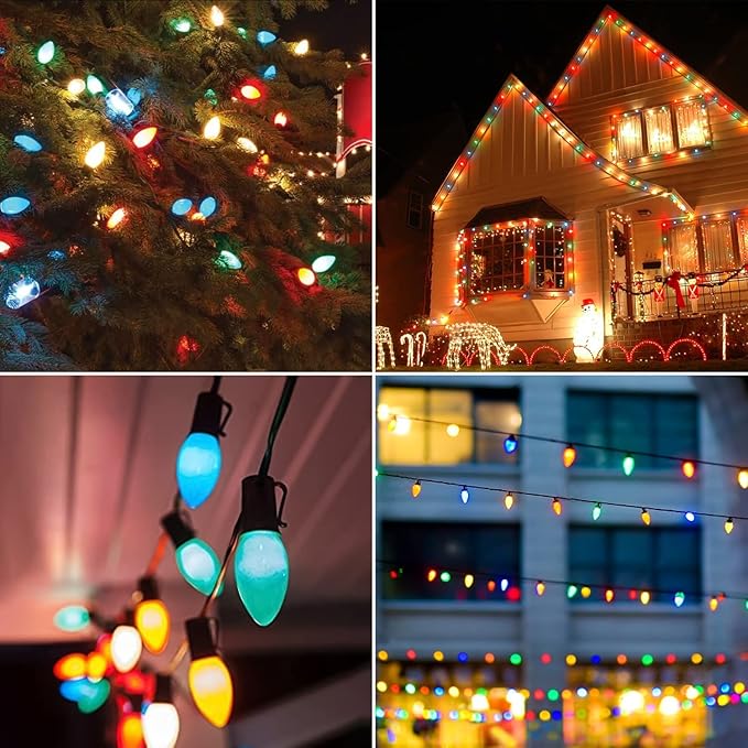 25 Pack C7 Multicolor Christmas Lights Replacement Bulbs, 5W Incandescent Bulb, Warm White 2200K, E12 Base, Waterproof C7 Night Light Bulbs for Christmas String Lights Outdoor Indoor Home Party Decor