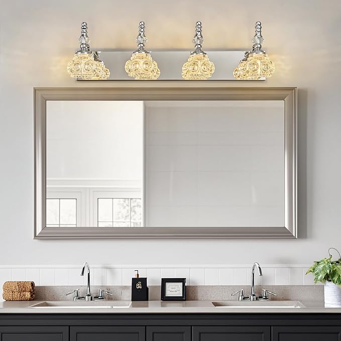 4-Light Vintage Bathroom Vanity Light Fixture Industrial Chrome with Glass Shade Vanity Light Fixtures Over Mirror Glass Bathroom Vanity Lighting Fixtures G9 Bulb Wall Lights