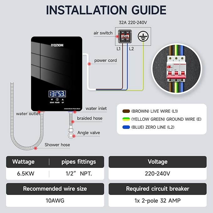Instant Electric Water Heater 240V 6.5kW.Tankless Water Heater for Kitchen with Self Modulating Technology.Tankless On Demand Water Heater.Electric Hot Water Heaters for Sink.Overheating Protection.