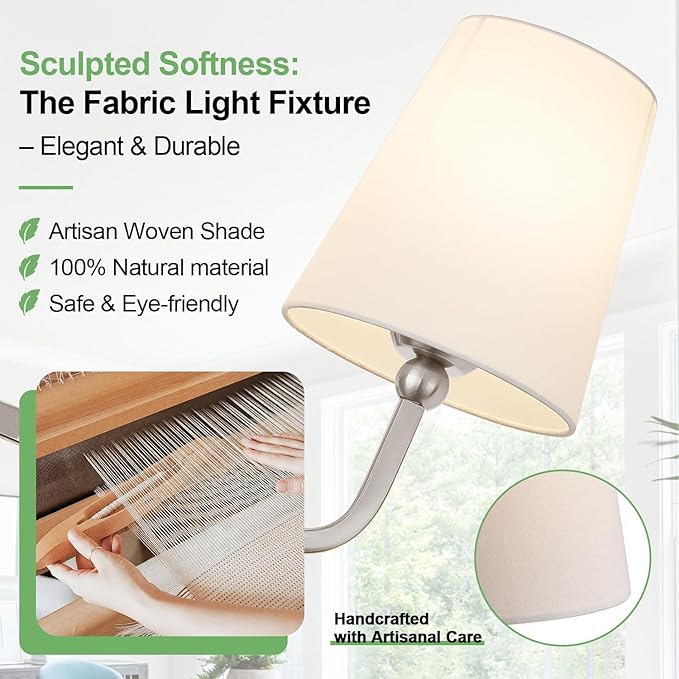 Bathroom Light Fixtures, 3-Light Brushed Nickel Vanity Lights, Bathroom Lighting Fixtures Over Mirror with Flared White Fabric Shade, Modern Wall Sconces for Living Room Hallway