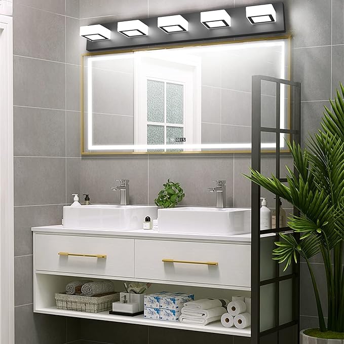 Ralbay Modern Black Bathroom Lighting Fixtures 5 Lights Adjustable Acrylic Vanity Lights Fixtures Modern LED Matte Black Bathroom Vanity Lights Over Mirror(Natural White Light)