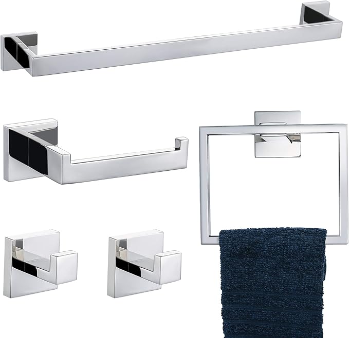 TNOMS Bathroom Hardware Accessories Set Polished Chrome Towel Bar Sets Include Towel Bar Towel Holder Toilet Paper Holder Towel Hook,5 Pieces Stainless Steel Wall Mounted