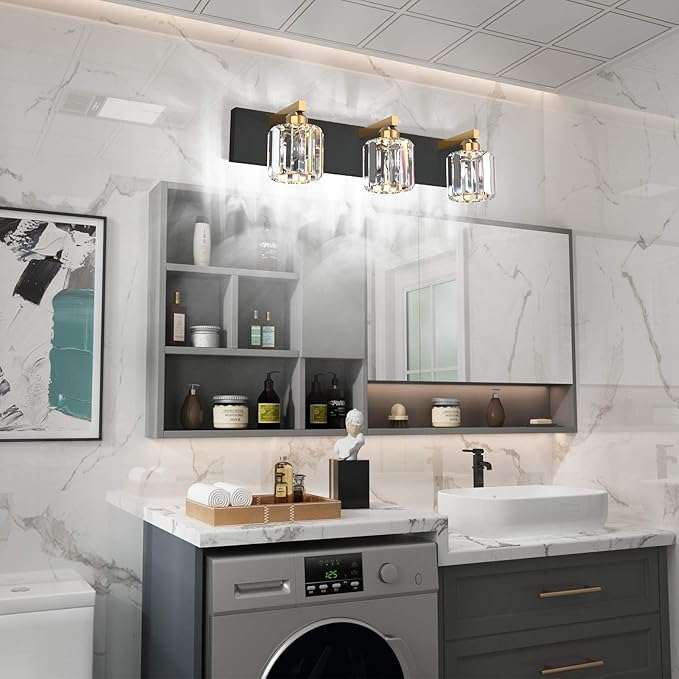 Aipsun Crystal Vanity Light Black Bathroom Vanity Lighting Fixtures 3 Lights Modern Vanity Light for Bathroom (Exclude Bulb)