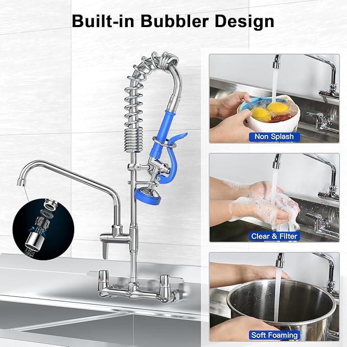 Commercial Faucet with Sprayer 25" Height 8" Adjustable Center 10" Swing Spout,Brass Constructed Wall Mount Kitchen Sink Faucet with Pull Down Pre-Rinse Sprayer for 1/2/3 Compartment Sink