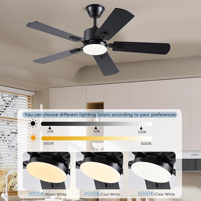 42 inch Modern Ceiling Fans with Lights APP/Remote Control, Low Profile Reversible 6 Speeds Ceiling Fan Light for Indoor/Outdoor Patio Bedroom Living Room,Black
