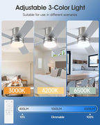 42 Inch Nickel Ceiling Fan with Light Flush Mountand Remote Control,Dimmable 3 Color Temperatures LED Ceiling Fan,6 Speed Reversible DC Motor,5 Blades Modern Ceiling Fans for Indoor or Covered Outdoor