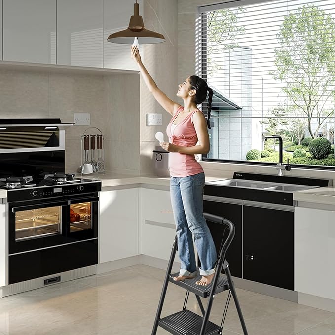 Step Stool for Adults,2 Step Ladder Folding 330lbs Anti Slip Step Stool,Foldable Ergonomic 2 Steel Stool with Wide Pedal for Home, Kitchen, Office (Black)