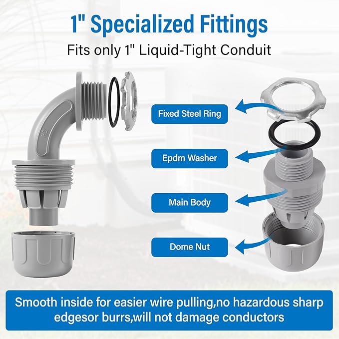 1 Inch Electrical Conduit Connector Kit,8-Pack Nonmetallic Plastic Liquid Tight Connector with 5 Straight,3 90 Degree Angle Fittings