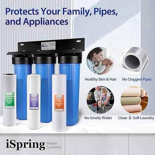 iSpring WGB32B-DS+AHPF12MNPT16X2 Anti-Scale Whole House Water Filter System w/ 3/4'' Push-Fit Stainless Steel Hose Connectors, Reduces Sediment, Scale, Chlorine, Corrosion Water Descaler Filter