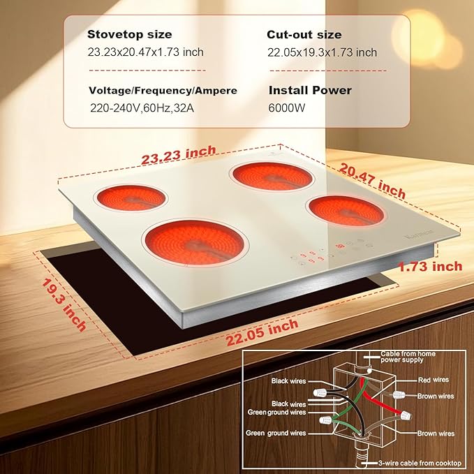 Karinear Electric Cooktop 24 Inch, Beige-gray Glass Electri Cermaic Stove, 4 Burners Electric Stove Top with Timer, Child Safety Lock, High Temperature Alert, 6000W, Drop-in 240V Hardwire(No plug)