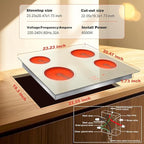 Karinear Electric Cooktop 24 Inch, Beige-gray Glass Electri Cermaic Stove, 4 Burners Electric Stove Top with Timer, Child Safety Lock, High Temperature Alert, 6000W, Drop-in 240V Hardwire(No plug)