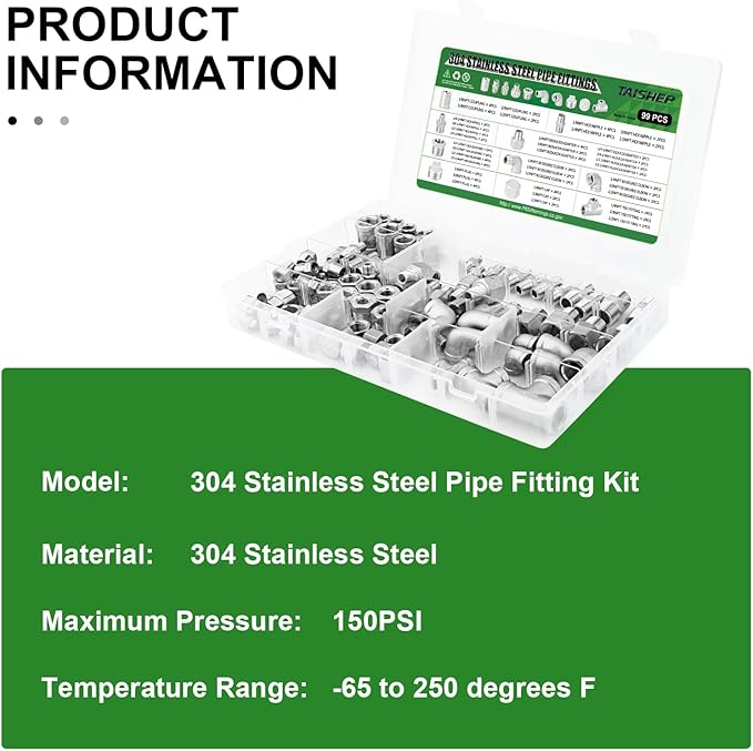 TAISHER 99PCS 304 Stainless Steel Pipe Fitting Kit，Coupling，Nipple，Bushing，Reducer Adapter，Reducer Nipple，90 Degree Elbow，Plug，Cap，Tee，NPT Thread Pipe Adapter Fitting