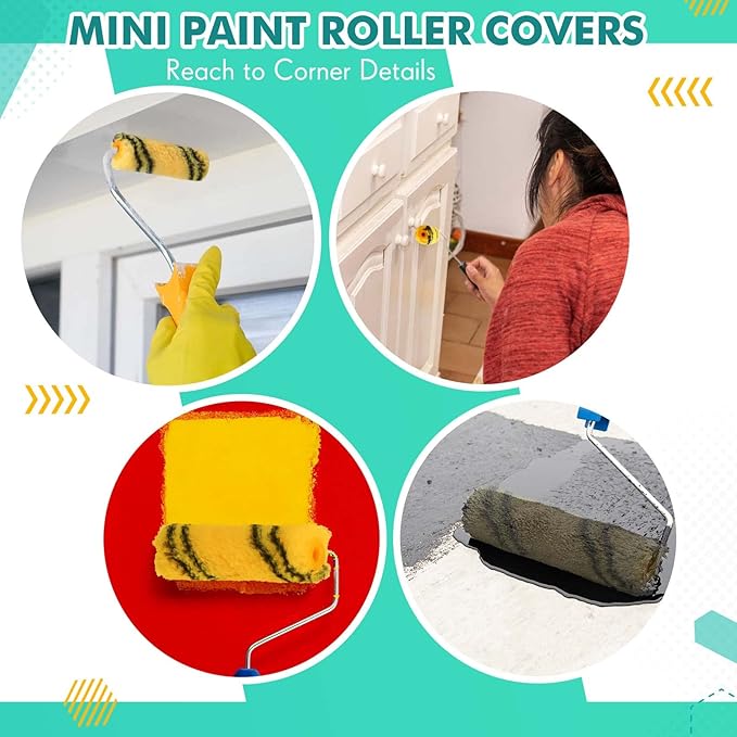 Leumoi 100 Pcs Paint Roller Covers 1/2 x 4 Inch Microfiber Paint Roller Covers Paint Brush Cover Small Roller Nap Mini House Painting Supplies for Painting Wall DIY Household Tool (Black Yellow)