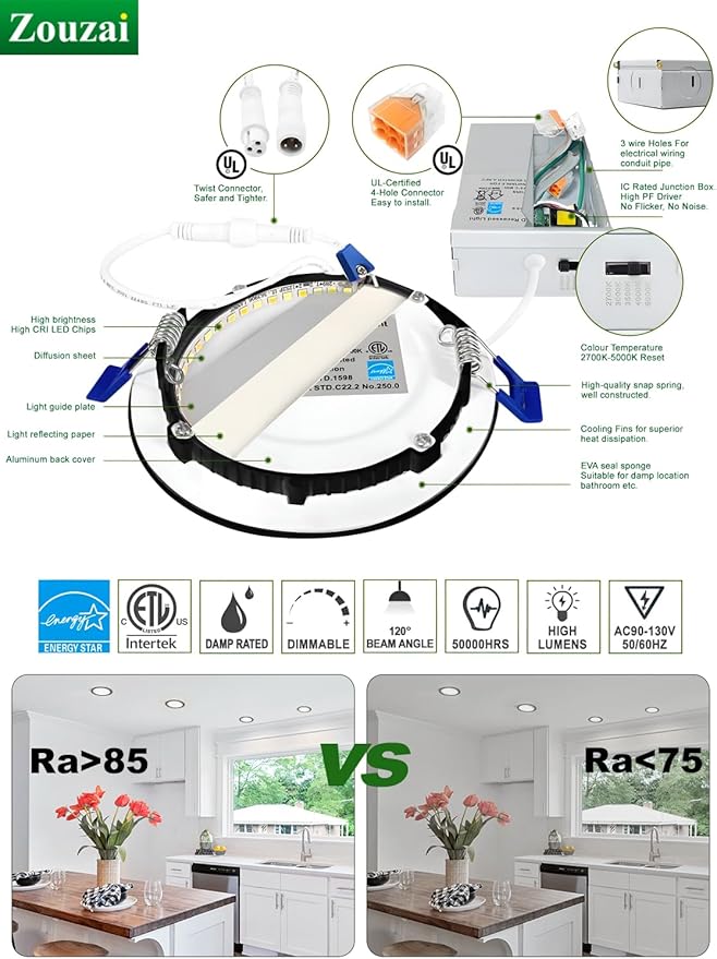 zouzai 6 Inch Black 5CCT Ultra-Thin LED Recessed Ceiling Light with Junction Box 2700K/3000K/3500K/4000K/5000K Selectable, 12W Dimmable, led can Lights ETL and Energy Star Certified【6 Pack 】