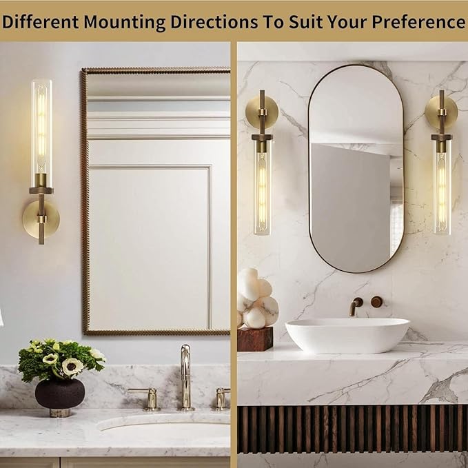 Brass Sconces Wall Lighting, 19" Tube Glass Gold Sconces, Bathroom Wall Sconces Lighting Vanity Lights Wall Lights for Living Room, Hallway, Fireplace, Staircase
