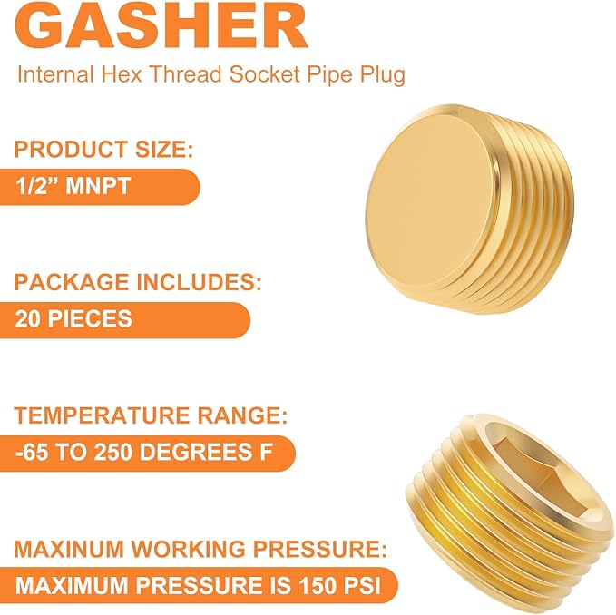 GASHER 20Pcs Brass Hex Plug Pipe Fitting, 1/2" NPT Male Pipe Plug Fitting For Closing The End Of Pipe