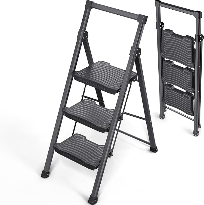 KINGRACK Step Ladder 3 Step Folding, 900lbs 3 Step Ladder with Non-Skid Wide Pedal and Handrails, Lightwight Household Ladder, Sturdy Step Stool, for Your Kitchen, Closets, Office Use, Garage, Black