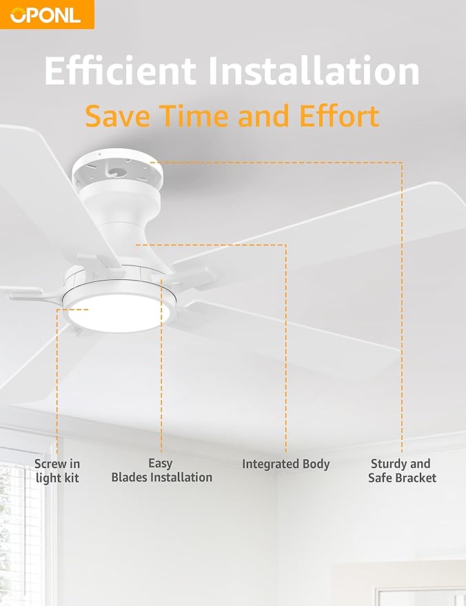 52 Inch White Ceiling Fan with Light with Remote Control, Large Air Volume, modern ceiling fan with light for Bedroom Kitchen Dining room Patio- Flush Mount