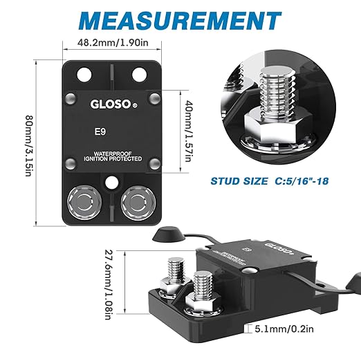 GLOSO Circuit Breaker E9A Waterproof Breaker Auto Reset (T1) 30A Side by Side Stud IP67 Marine Hi-Amp (30A)