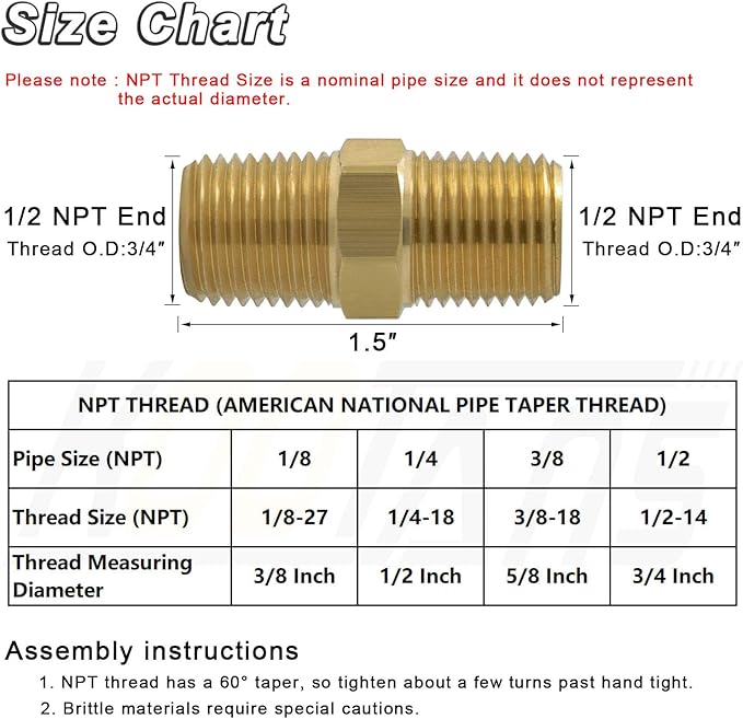 KOOTANS 1/2 NPT x 1/2 NPT Male Solid Brass Hex Nipples, Heavy Brass Pipe Adapter Fittings Equal Nipples Connectors 4Pieces