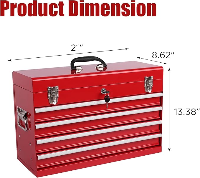 4 Drawers Metal Tool Box, 21" Portable Steel Tool Chest w/Key Lock & Latch Closure, Multi-Function Top Storage Tray Toolbox w/Powder Coating & Ball Bearing Slides for Garage & Workshop (Red)