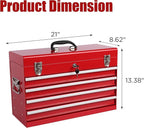 4 Drawers Metal Tool Box, 21" Portable Steel Tool Chest w/Key Lock & Latch Closure, Multi-Function Top Storage Tray Toolbox w/Powder Coating & Ball Bearing Slides for Garage & Workshop (Red)