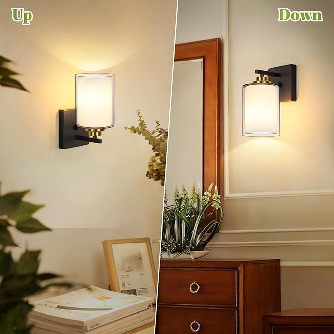 Set of 2 Wall Sconces for Bathroom, Modern Vanity Light Fixtures, Black & Gold Wall Mount Lighting Lanterns, Farmhouse Wall Lights with Double Clear Glass Shade for Bedroom Living Room Mirror Hallway