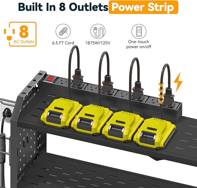 Warome Garage Power Tool Organizer with 8-Outlet Power Strip, Tool Storage Rack Wall Mount with 8 Cordless Drill Holders, Tool Organization Shelf with Charging Station in Black