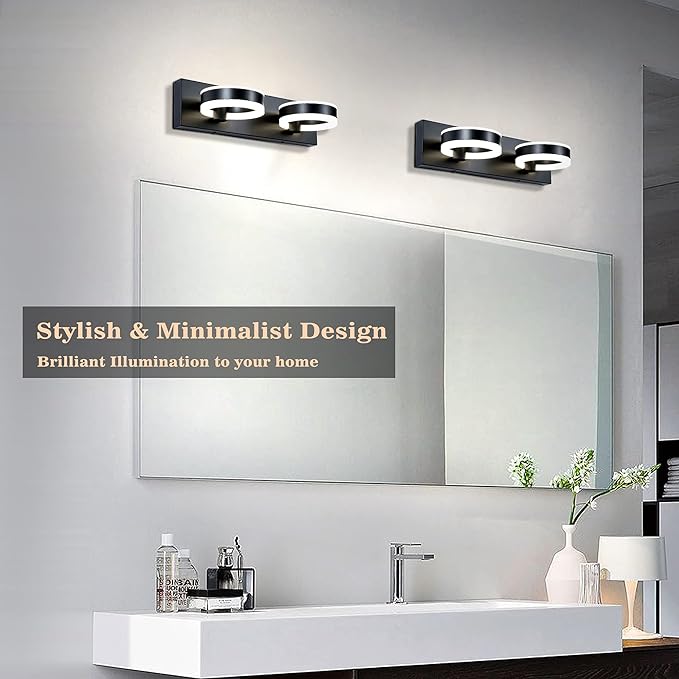 LED Bathroom Light Fixtures,15inch Black Vanity Lights, Modern 2 Light Acrylic Wall Sconces, 350° Rotatable Wall Lighting Fixture Over Mirror