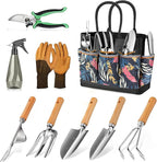 Gardening Tools 9-Piece Heavy Duty Garden Hand Tools with Fashion and Durable Garden Tools Organizer Handbag, Rust-Proof Garden Tool Set, Ideal Gardening Gifts for Women