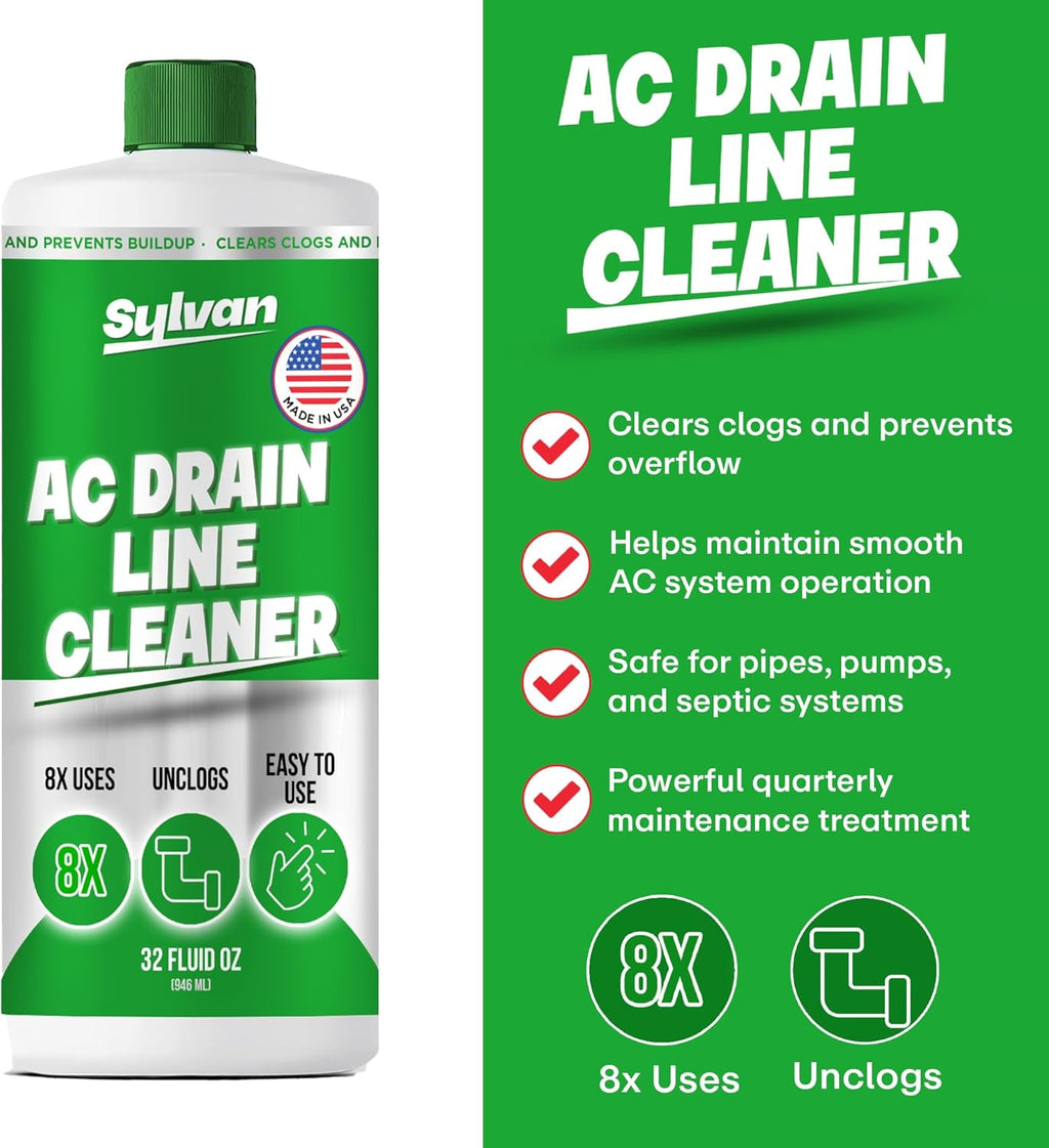Sylvan AC Drain Line Cleaner | Free XXL Drain Brush | 32 Oz | 12 Month Supply | Made in USA | Universal Compatibility | Removes Clogs and Buildup from HVAC Condensate Lines | Air Conditioner Unclogger