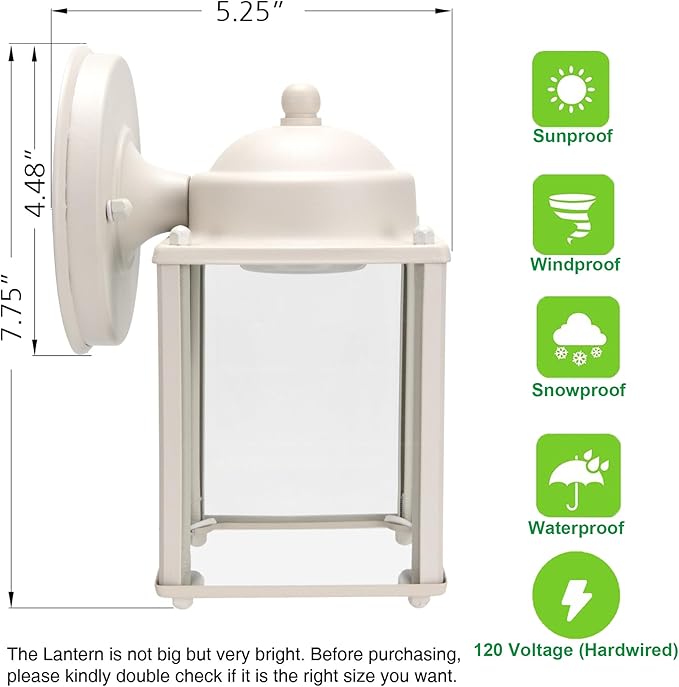 LIT-PaTH Outdoor LED Wall Lantern, Wall Sconce as Porch Lighting Fixture, 5000K Daylight White, 9.5W 800 Lumen, Aluminum Housing Plus Glass, White Finish-2Pack
