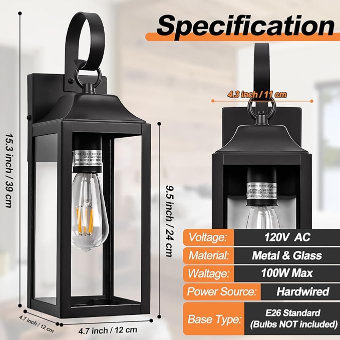 2 Pack Outdoor Light Fixtures Wall Mount, 15 Inch Black Exterior Wall Sconces Waterproof, Large Outside Lights for House, Modern Wall Lanterns Clear Glass